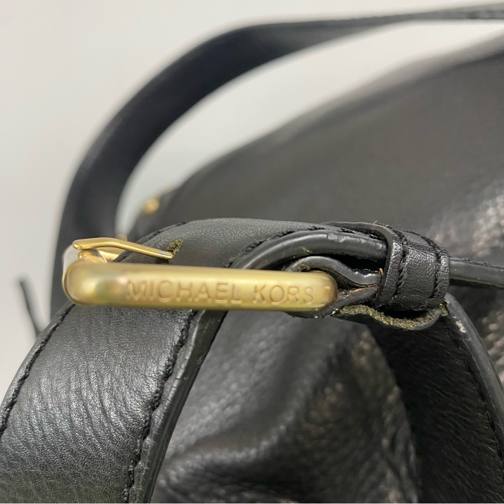 Michael Kors Black Leather Shoulder Bag with Gold Accents Gold MK Charm Studs - Picture 6 of 16